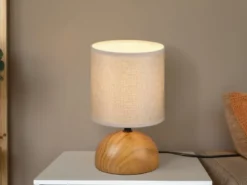 Kleine LED Tischleuchte Keramik in Holzoptik Stoffschirm Beige, Höhe 23cm