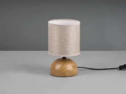 Kleine LED Tischleuchte Keramik in Holzoptik Stoffschirm Beige, Höhe 23cm