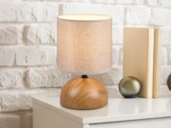 Kleine LED Tischleuchte Keramik in Holzoptik Stoffschirm Beige, Höhe 23cm
