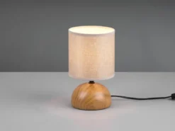 Kleine LED Tischleuchte Keramik in Holzoptik Stoffschirm Beige, Höhe 23cm