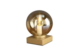 Kleine LED Tischleuchte Messing Sockel - Glaskugel Amber, Höhe 17,5cm