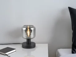 Kleine LED Tischleuchte mit Glasschirm Chrom bedampft, Höhe 18cm