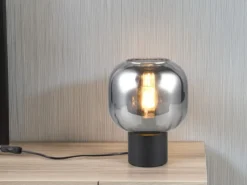 Kleine LED Tischleuchte mit Glasschirm Chrom bedampft, Höhe 26cm
