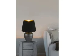 Kleine LED Tischleuchte mit Keramikfuß & Stoffschirm Schwarz Gold, Höhe 26cm