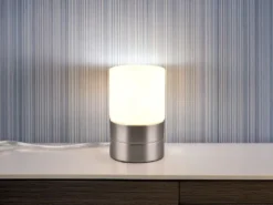 Kleine LED Tischleuchte per touch dimmbar, Silber mit Glasschirm, Höhe 15cm