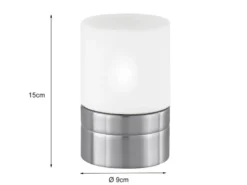 Kleine LED Tischleuchte per touch dimmbar, Silber mit Glasschirm, Höhe 15cm
