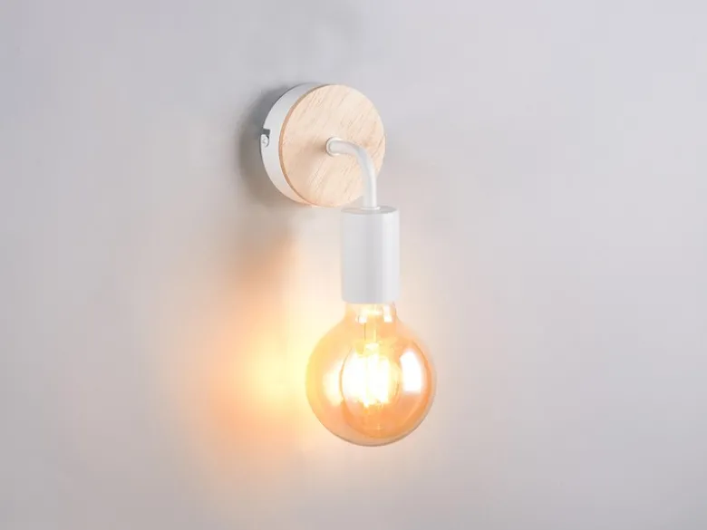 Kleine LED Wandleuchte Metall in Weiß mit Holz, Höhe 15,5cm