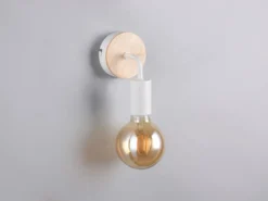 Kleine LED Wandleuchte Metall in Weiß mit Holz, Höhe 15,5cm
