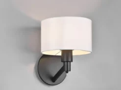 Kleine LED Wandleuchte Schwarz matt mit Schalter & Stoffschirm Weiß