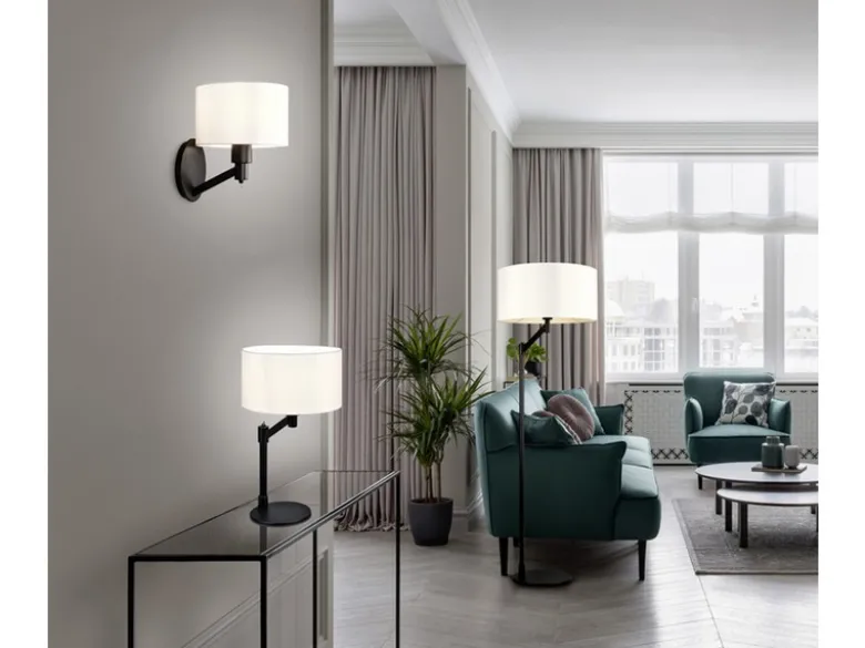 Kleine LED Wandleuchte Schwarz matt mit Schalter & Stoffschirm Weiß