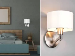 Kleine LED Wandleuchte Silber matt mit Schalter & Stoffschirm Weiß