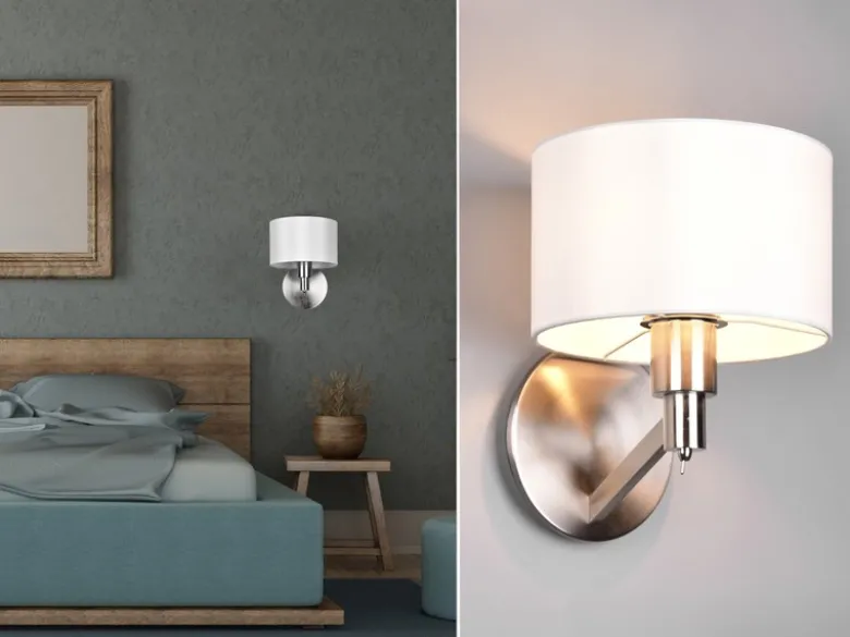 Kleine LED Wandleuchte Silber matt mit Schalter & Stoffschirm Weiß