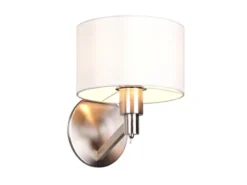 Kleine LED Wandleuchte Silber matt mit Schalter & Stoffschirm Weiß