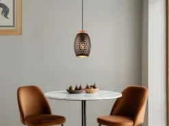 Kleine Pendelleuchte BIDAR in Schwarz/Gold mit ausgefallenem Stanzmuster, Ø 15cm