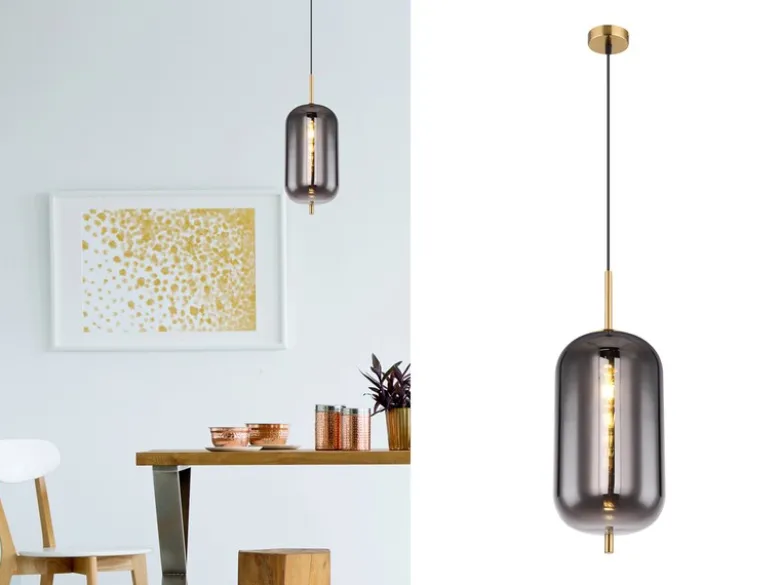 Kleine Pendelleuchte BLACKY Messing 1-flammig mit Rauchglas, Ø 22cm