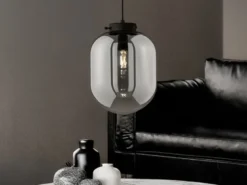 Kleine Pendelleuchte REGI 1-flammig Glaskugel aus Rauchglas, Ø 18cm