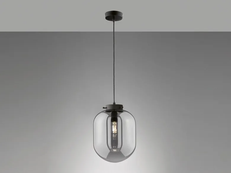 Kleine Pendelleuchte REGI 1-flammig Glaskugel aus Rauchglas, Ø 18cm