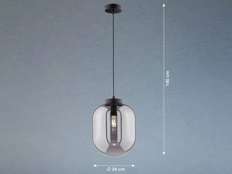 Kleine Pendelleuchte REGI 1-flammig Glaskugel aus Rauchglas, Ø 24cm