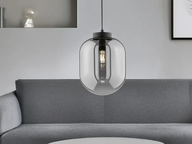 Kleine Pendelleuchte REGI 1-flammig Glaskugel aus Rauchglas, Ø 24cm