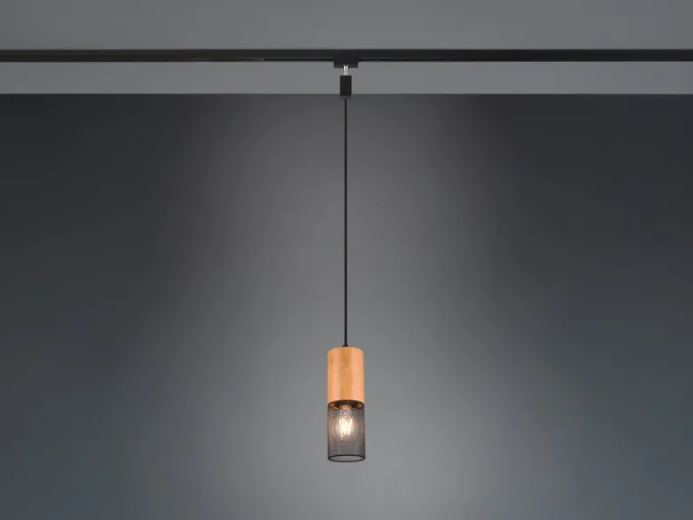 Kleine Pendelleuchte TOSH mit Holz Ø 8cm für DUOline Schienensystem