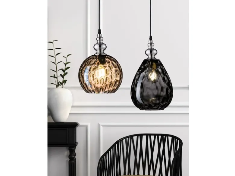 Kleine Pendelleuchte ULLER 1-flammig mit Rauchglas Lampenschirm, Ø 20cm