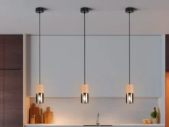 Kleine Pendelleuchte YELLE 1-flammig Lampenschirm Holz & Rauchglas, Ø 10cm