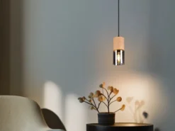 Kleine Pendelleuchte YELLE 1-flammig Lampenschirm Holz & Rauchglas, Ø 10cm