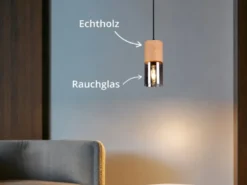 Kleine Pendelleuchte YELLE 1-flammig Lampenschirm Holz & Rauchglas, Ø 10cm