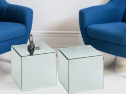 Kleiner Beistelltisch mit Spiegelglas im 2er Set, Höhe 45cm
