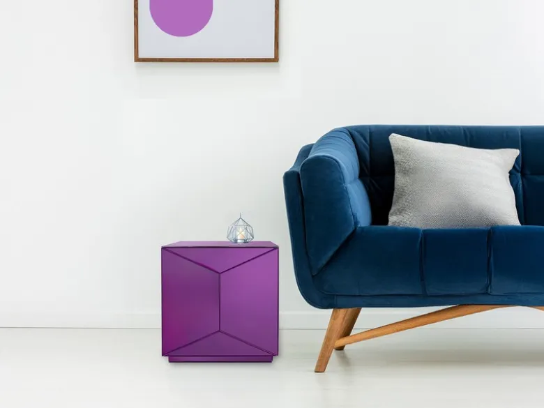 Kleiner Würfel Beistelltisch NIVA mit Spiegelglas Lila, Höhe 40cm
