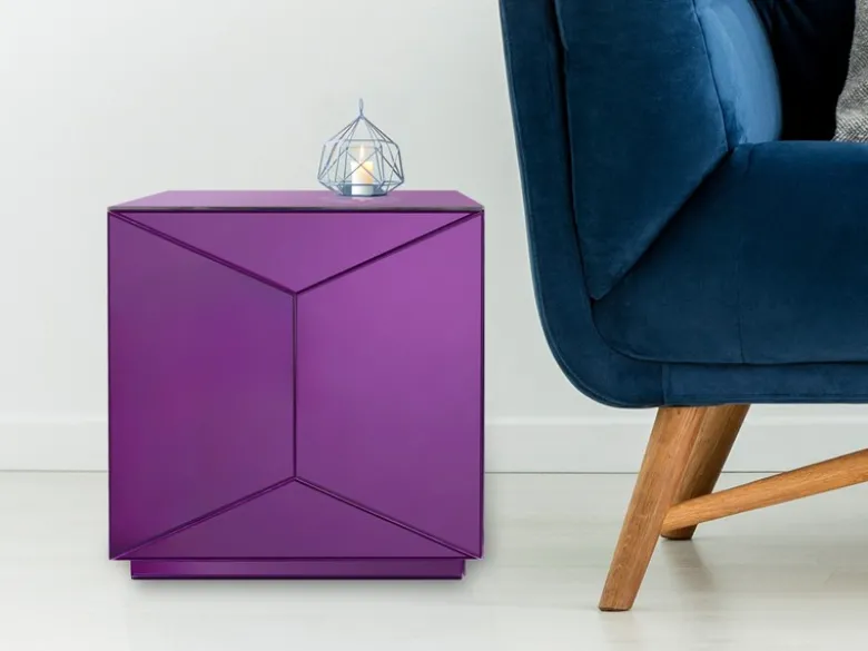 Kleiner Würfel Beistelltisch NIVA mit Spiegelglas Lila, Höhe 40cm
