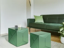 Kleiner Würfel Beistelltisch 2er Set mit Spiegelglas Grün, Höhe 40cm