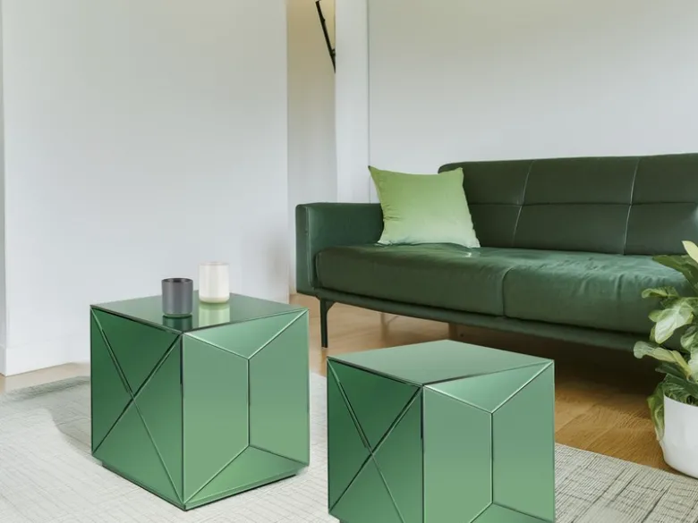 Kleiner Würfel Beistelltisch 2er Set mit Spiegelglas Grün, Höhe 40cm