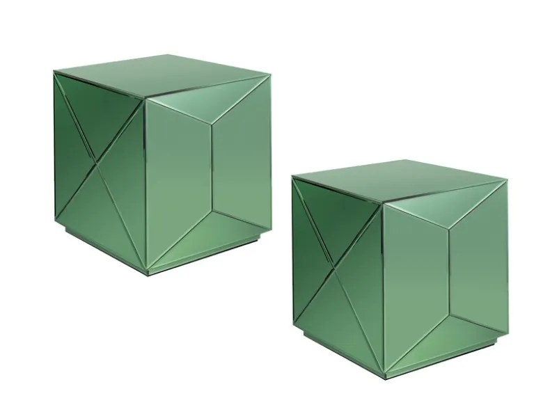 Kleiner Würfel Beistelltisch 2er Set mit Spiegelglas Grün, Höhe 40cm