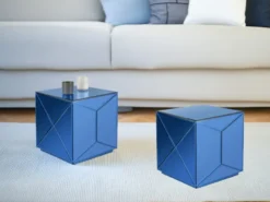 Kleiner Würfel Beistelltisch 2er Set mit Spiegelglas Blau, Höhe 40cm