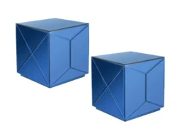 Kleiner Würfel Beistelltisch 2er Set mit Spiegelglas Blau, Höhe 40cm