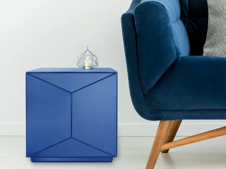 Kleiner Würfel Beistelltisch NIVA mit Spiegelglas Blau, Höhe 40cm
