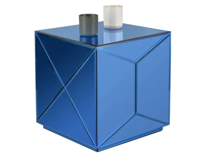 Kleiner Würfel Beistelltisch NIVA mit Spiegelglas Blau, Höhe 40cm