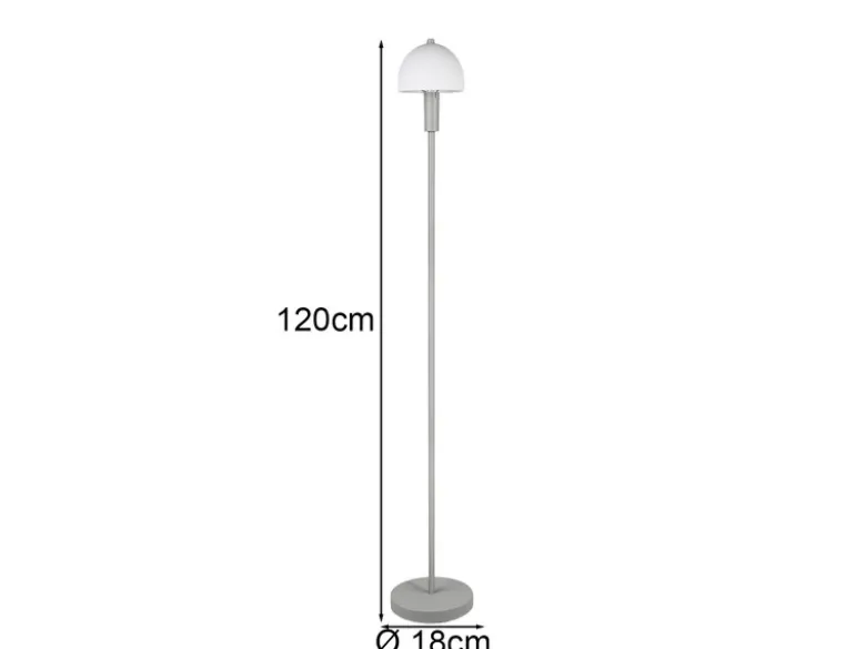 Kleine Stehlampe GLENN Grau mit Metallfuß und Lampenschirm Glas, Höhe 120cm