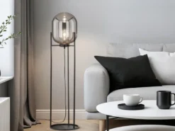 Kleine Stehlampe REGI mit Metallfuß und Rauchglas Glaskugel oval - Höhe 110cm