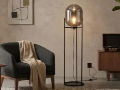 Kleine Stehlampe REGI mit Metallfuß und Rauchglas Glaskugel oval - Höhe 110cm