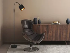 Kleine Stehlampe TOMMY mit Flexarm & Stoffschirm Schwarz Gold, Höhe 130cm