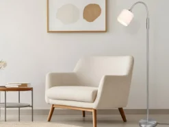 Kleine Stehlampe TOMMY Silber mit Flexarm & Stoffschirm Weiß, Höhe 130cm