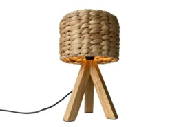 Kleine Tischlampe mit Holz Dreibein & E14 Schirm Wasserhyazinthe, Höhe 26cm