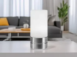 Kleine Tischlampe SARNO mit Touch Dimmer und E14 Glasschirm, Höhe 20cm