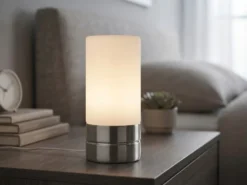Kleine Tischlampe SARNO mit Touch Dimmer und E14 Glasschirm, Höhe 20cm