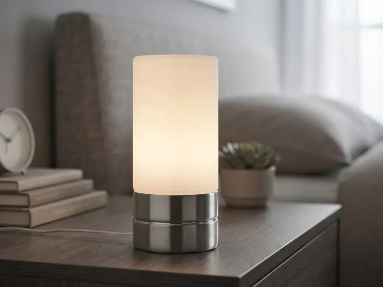 Kleine Tischlampe SARNO mit Touch Dimmer und E14 Glasschirm, Höhe 20cm