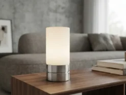 Kleine Tischlampe SARNO mit Touch Dimmer und E14 Glasschirm, Höhe 20cm
