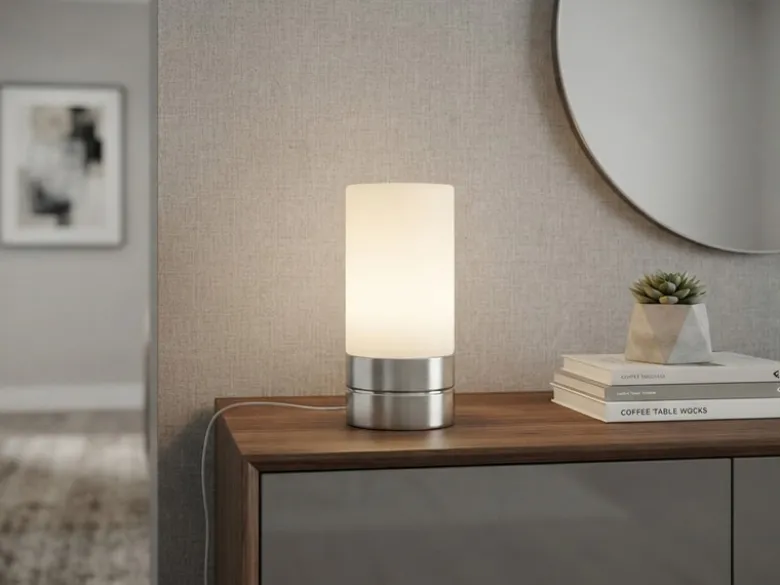 Kleine Tischlampe SARNO mit Touch Dimmer und E14 Glasschirm, Höhe 20cm