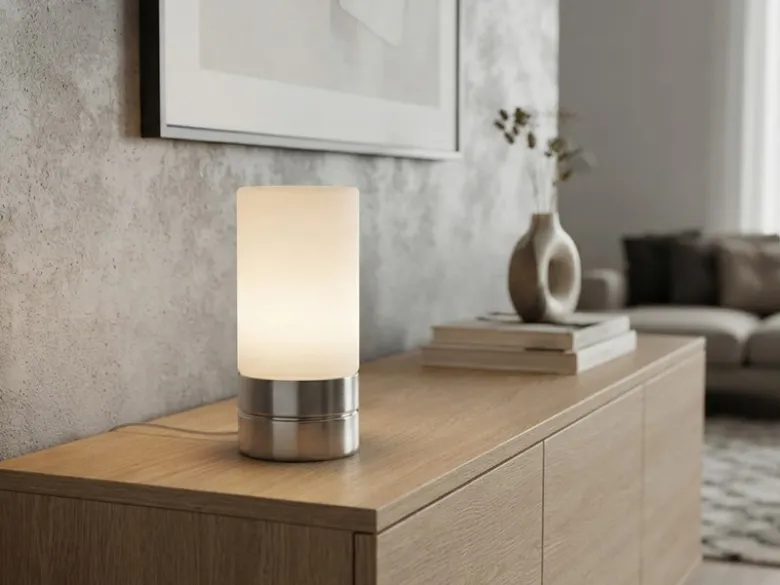 Kleine Tischlampe SARNO mit Touch Dimmer und E14 Glasschirm, Höhe 20cm